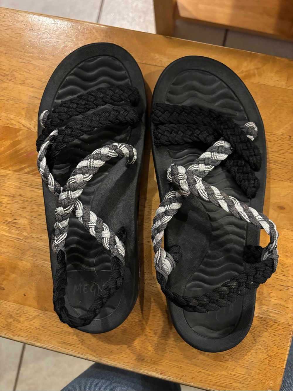Black Braided Rope Sandals with Gray Accents